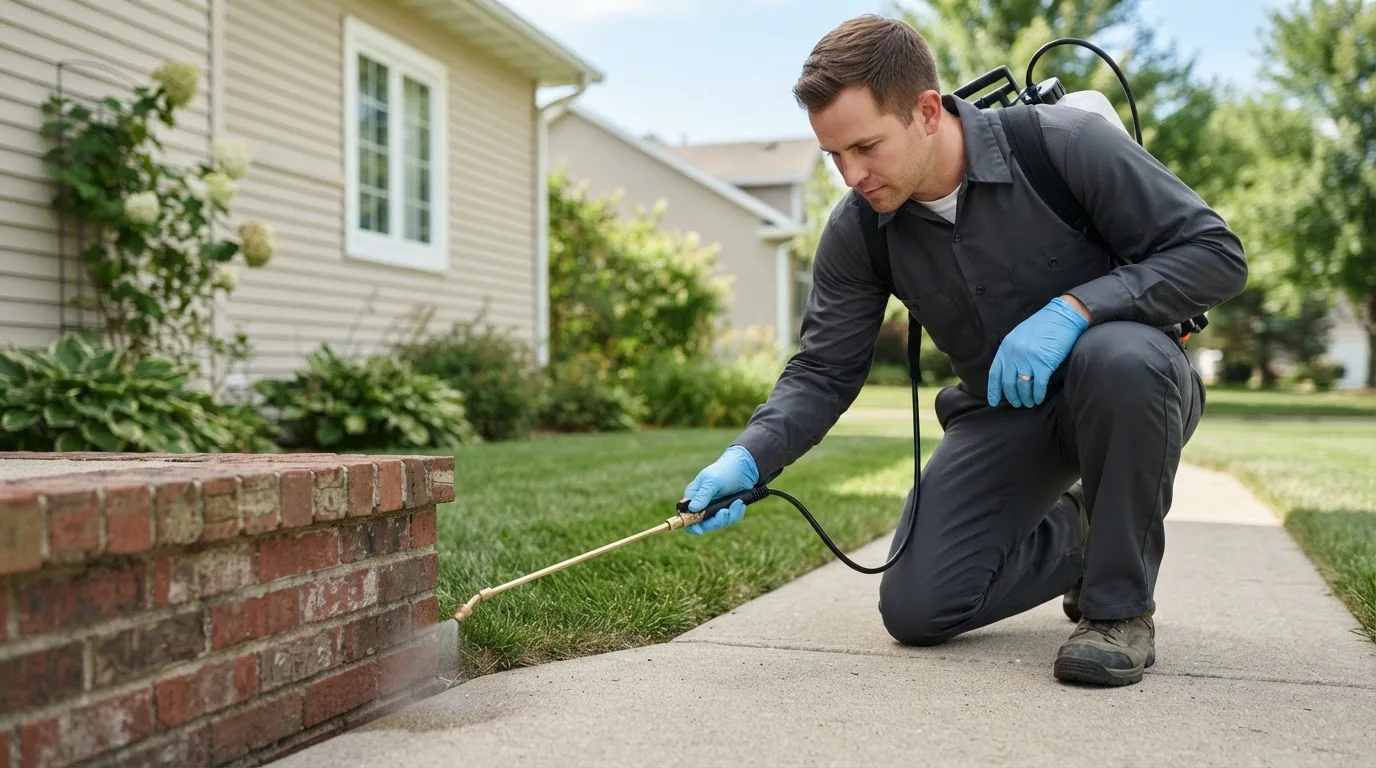 Pest control technician treating a home near Wedron, IL